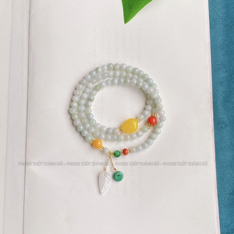 Chuỗi Vòng JADElT 6mm Cuốn 3 Vòng Tay, Charm Hổ Phách, Hòa Điền, Lông Công Malachite - Phong Thủy Thành Đô