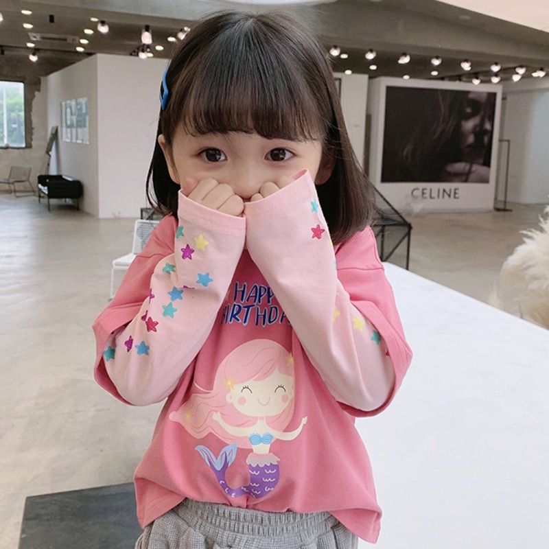 Áo thun tay dài cổ tròn in họa tiết hoạt hình dễ thương giả hai lớp dành cho trẻ em