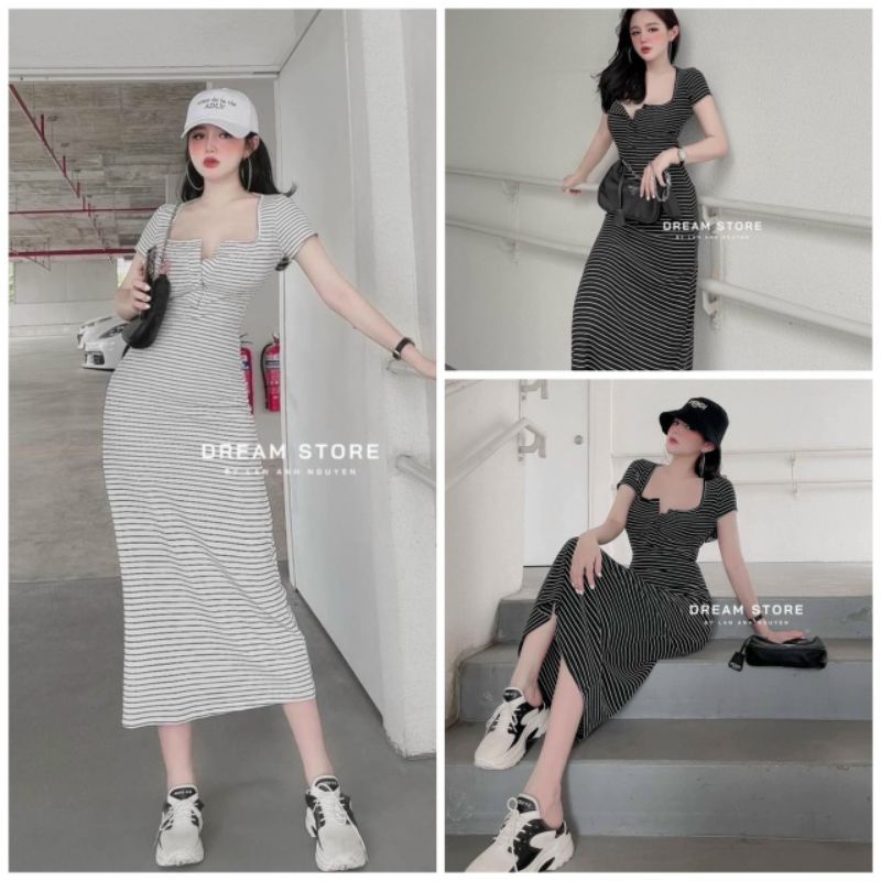 Đầm Thun Kẻ Sọc Ngang Dáng Dài Maxi Tay Ngắn Cổ Vuông Gài Nút