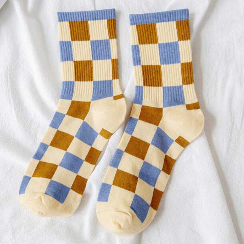Đôi Vớ Cotton Họa Tiết Sọc Caro Nhiều Màu Dễ Thương Cho Nữ