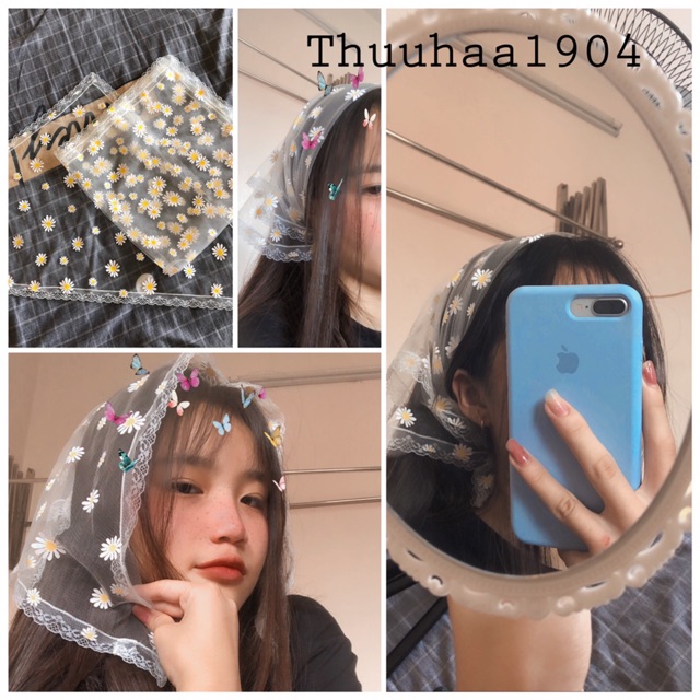 Khăn bandana ren hoa cúc trắng