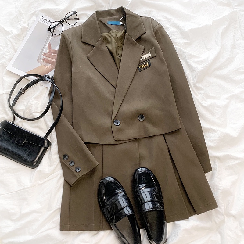 Set áo chân váy xếp ly phong cách Nhật Bản, set áo vest ngắn chân váy xếp  li hàng Quảng Châu mẫu 2022