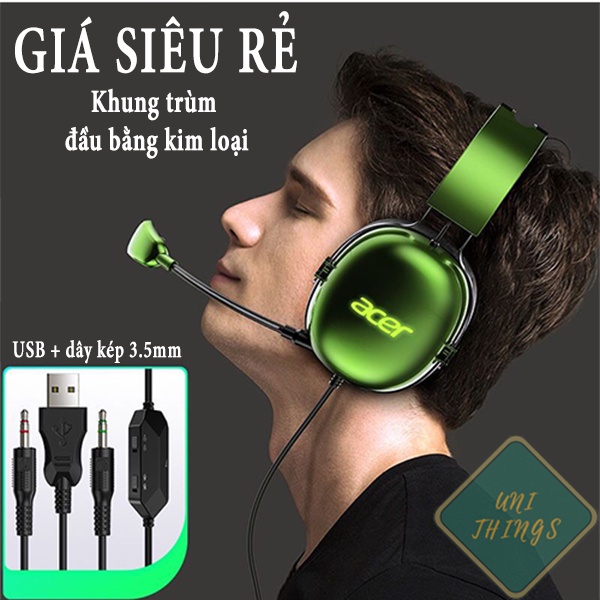 Tai nghe gaming chính hãng Acer có micro, tai nghe chụp tai có led phong cách phi công màu xanh rêu, trắng