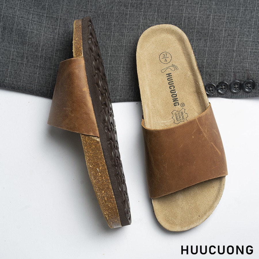 Dép Unisex HuuCuong 1 quai da bò nâu đế trấu