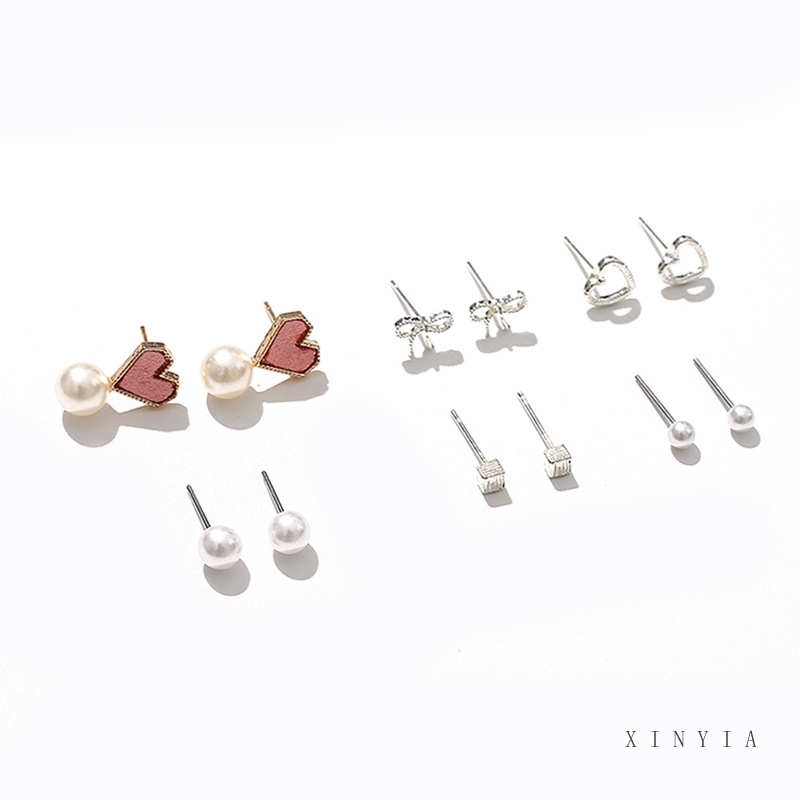 Set 6 đôi khuyên tai mini đính hạt giả ngọc trai hình dáng đa dạng