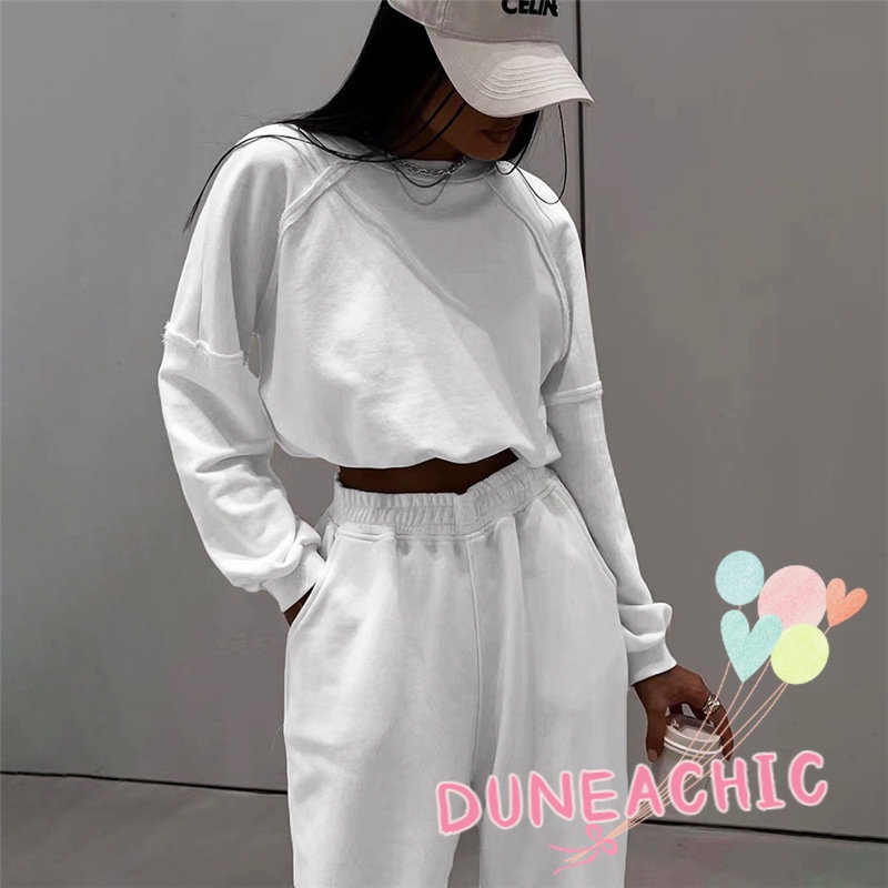 DUNEA Set Áo Thun Tay Dài Màu Trơn Phối Quần Dài Lưng Cao Thời Trang Trẻ Trung Cho Nữ