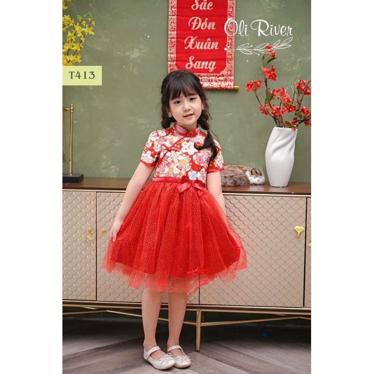 Đầm công chúa sườn xám phối voan hoa anh đào cho bé gái size 10-26kg hàng thiết kế cao cấp