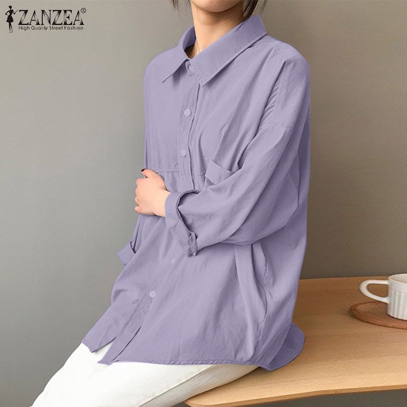ZANZEA Áo Sơ Mi Tay Dài Cổ Bẻ Có Túi Giả Thời Trang Cho Nữ