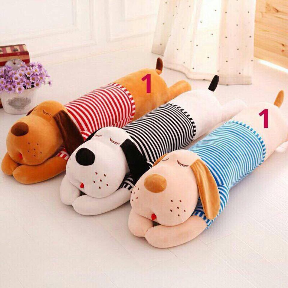 Gối Ôm Chó Pato Nâu Sọc Đỏ Cao Cấp, Vải Cotton Mềm Mại Dài 65cm Hàng Có Sẵn - Gối ôm hình thú cho bé