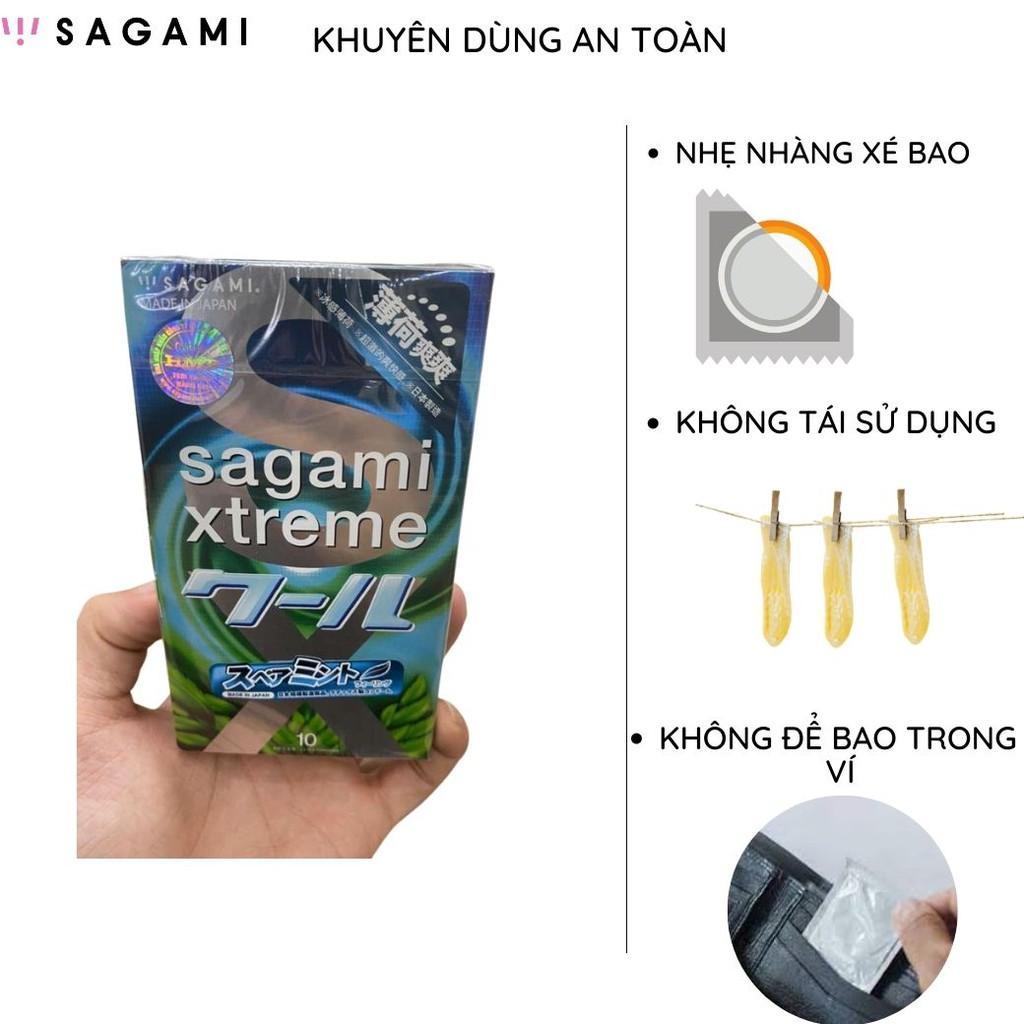 Bao cao su Sagami Xtreme Spearmint Hương bạc hà Hộp 10 chiếc kéo dài thời gian chống tuột