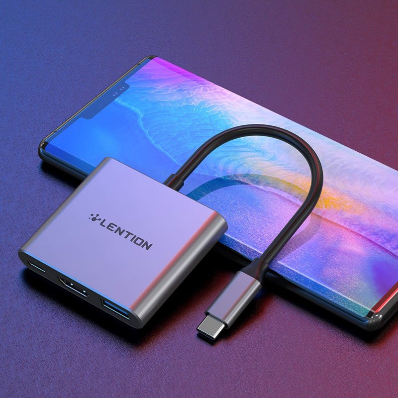 Hub chuyển đổi LENTION C14 3 trong 1 từ USB C 100W gồm cổng Type-C USB 3.0 và HDMI 4K cho ChromeBook