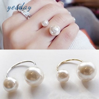 ✨YD❤ Fashion Women Girls Two Imitation Pearl Opening Ring Wedding Adjustable Finger Ring Jewelry Gif