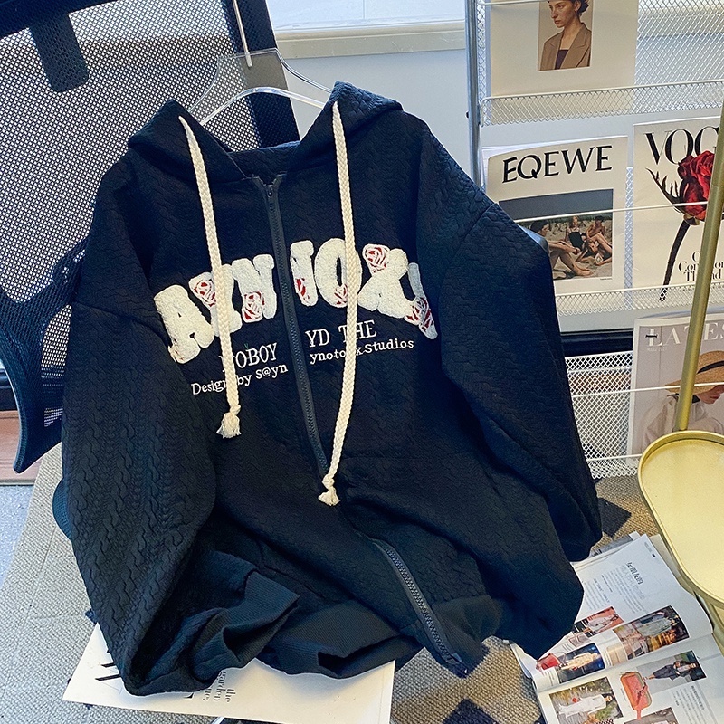 ZHELIHANGFEI Áo Hoodie Tay Dài Dáng Rộng Phối Dây Rút Phong Cách Preppy