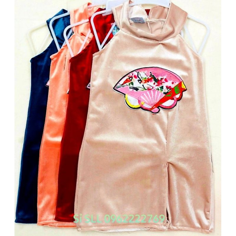 7-23kg Đầm Nhung Hai 2 Dây/Cổ Tròn Xẻ Tà Thêu Hoa Đào Tết Cho Bé Gái