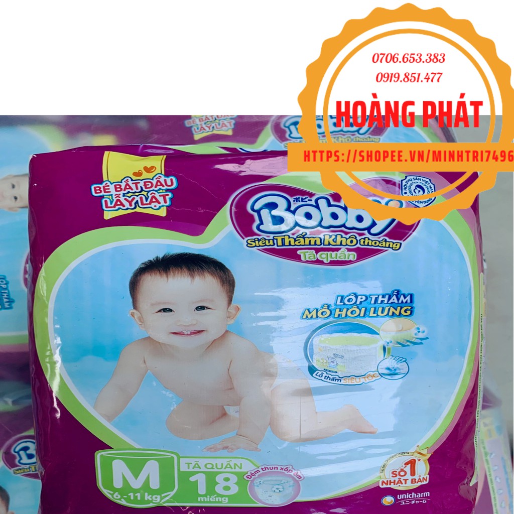 Tã quần Bobby Siêu thấm khô thoáng size M loại 18, 42, 62 và 76 miếng