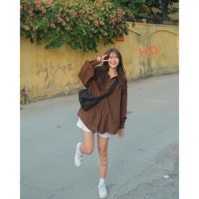 Sét Áo Sơ Mi Nhung Tăm Form Rộng Tay Phồng Ulzzang Hàn QuốcSomi nữ công sở; dạo phố