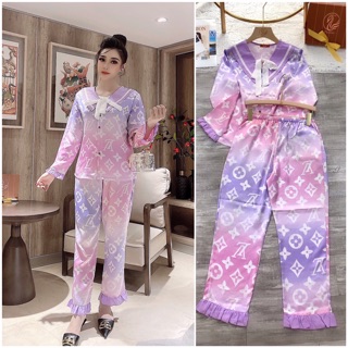 Bộ pijama dài tay cổ nơ lụa satin