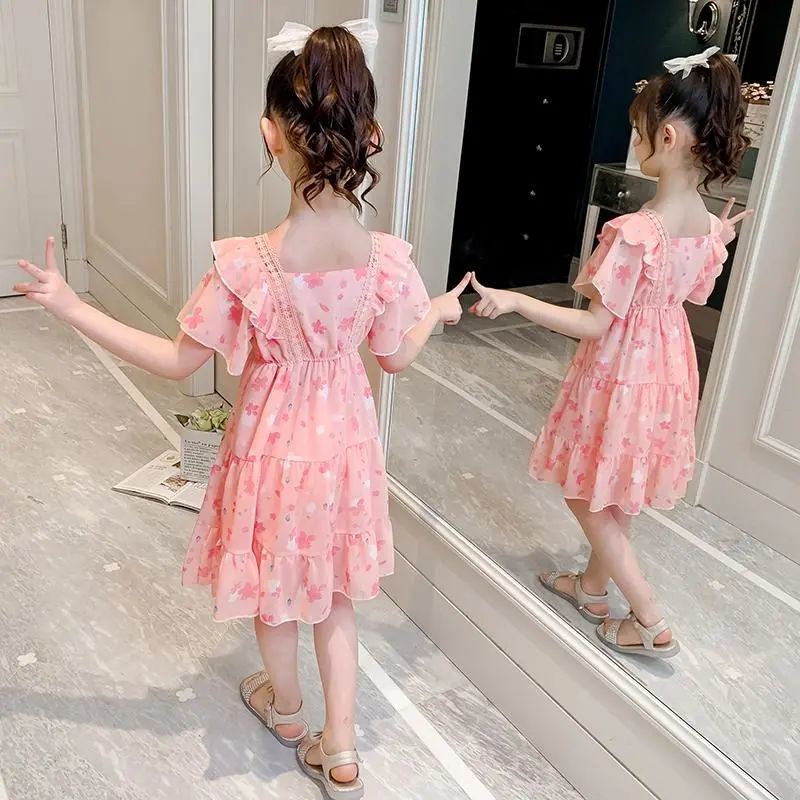 Đầm công chúa vải chiffon tay ngắn in hoa thời trang mùa hè 2021 cho bé gái