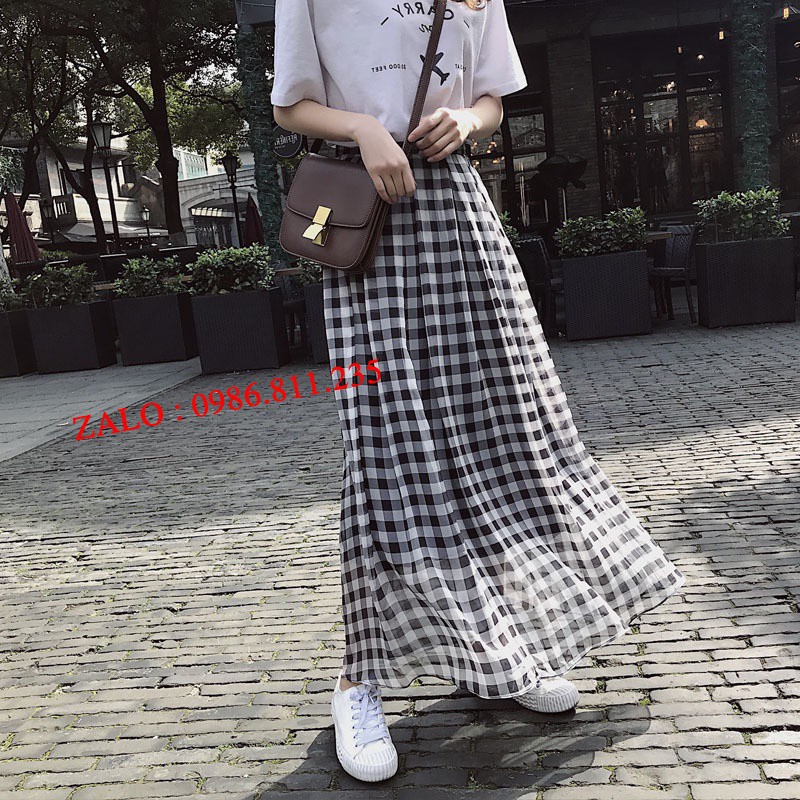 -CHÂN VÁY DÀI MAXI CARO HÀN QUỐC SIÊU XINH-CÓ FEEDBACK KHÁCH