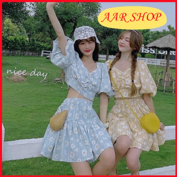 Set đồ áo croptop tay bồng + chân váy xòe Ulzzang dễ thương ♡