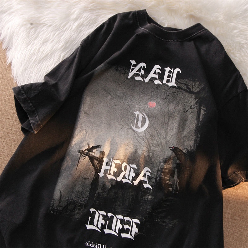 Áo Thun 100% Cotton Nguyên Chất Tay Ngắn In Hình Khu Rừng Màu Tối Phong Cách Hip Hop Đường Phố Cho Nam Và Nữ