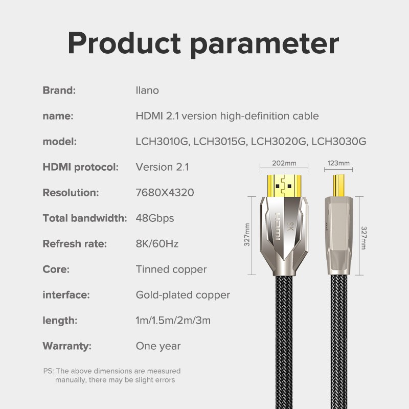 llano HDMI Cable 8K HDMI 2.1 Ultra High Speed 48Gbps 60hz/144hz 3D HDR Cable