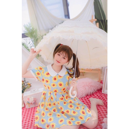 đầm bông lụa cổ bẻ tay ngắn kiểu baby