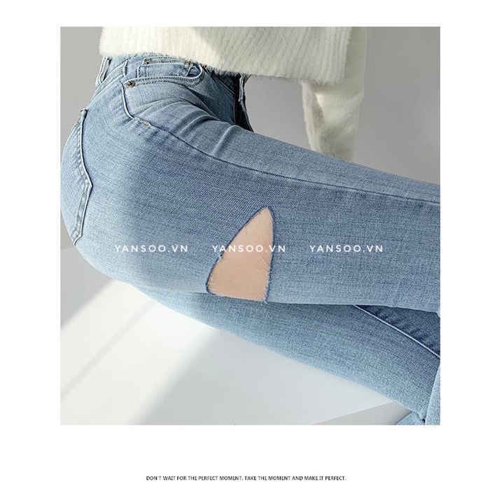 Quần jean bó skiny xanh rách đùi hai mặt , quần bò ôm giãn cạp cao hách dáng by YANSOO