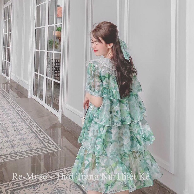 Váy đầm maxi babydoll hoa nhí dáng ngắn kèm tuban tóc tiểu thư
