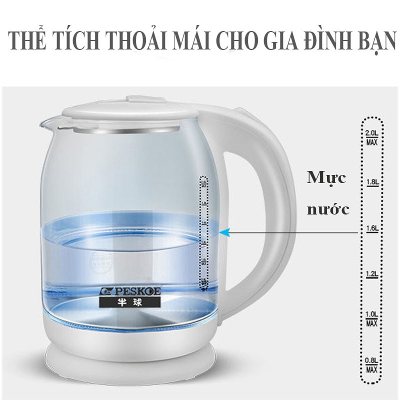 Ấm Siêu Tốc Thủy Tinh Ấm Đun nước Siêu Tốc PESKOE Dung Tích 2lít Đun Sôi Nhanh Chống Cháy Nổ Công Suất 1500W VT268