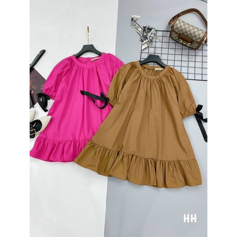 Đầm QC cổ tròn tay nơ siêu yêu kèm ảnh thật