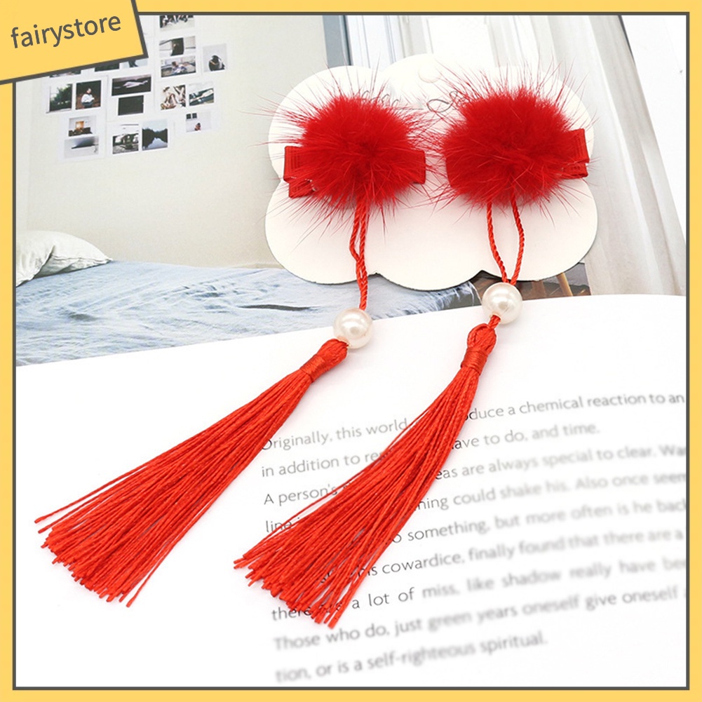 1 Cặp Kẹp Tóc Hình Quạt Phối Tua Rua Phong Cách Trung Hoa Cho Bé Gái