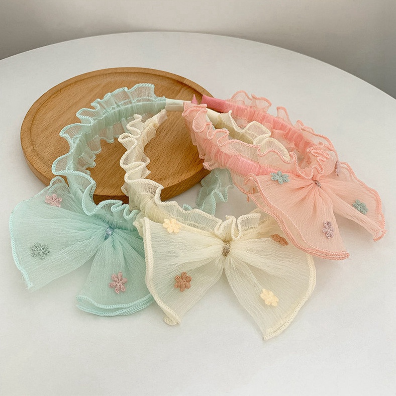 Băng Đô Cài Tóc Phối Ren Thêu Hoa Phong Cách Hàn Quốc Dành Cho Bé