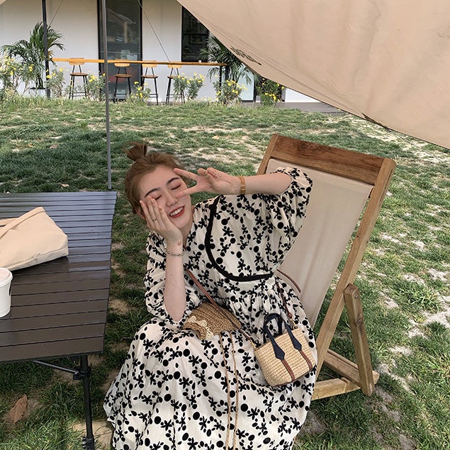 Đầm Tay Phồng Dài Cổ Chữ v In Họa Tiết Thời Trang Cho Nữ