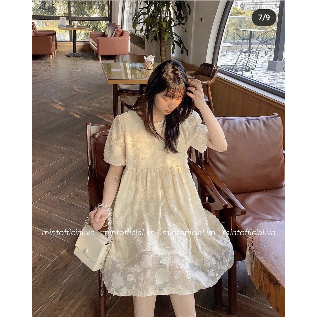 Váy babydoll ngọt ngào V.097, Váy kiểu nữ cổ tròn thắt dây nơ họa tiết ren 2 lớp màu be cực xinh - Thời trang nữ Chấm Bi | BigBuy360 - bigbuy360.vn