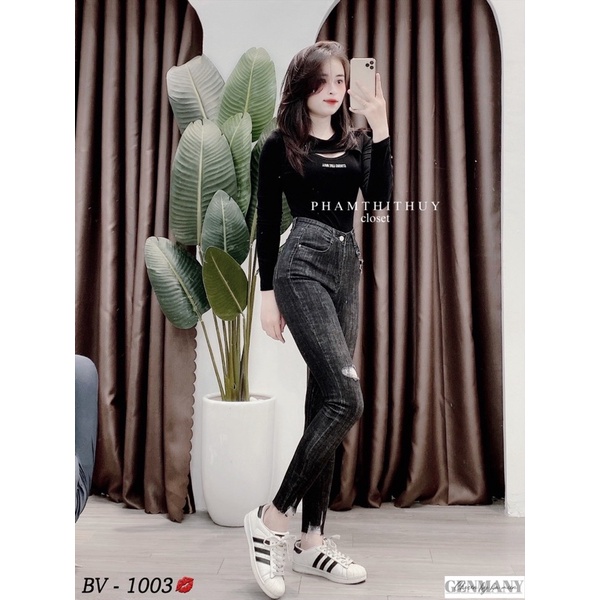 Quần bò nữ ôm rách lưng cao siêu xinh. Size S M L