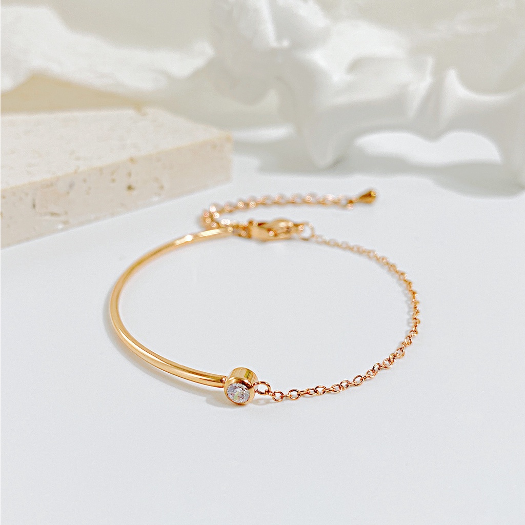 Vòng Tay Dây Xích Bằng Thép Titanium Mạ Vàng Hồng Đính Đá Zircon Phong Cách Hàn Quốc Thời Trang Cho Nữ