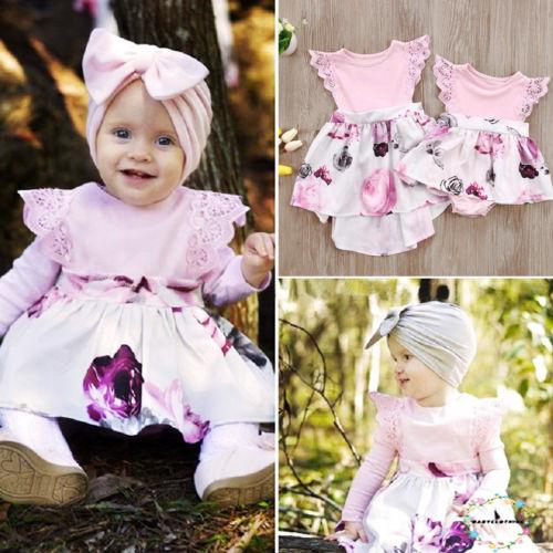 Set áo liền quần ngắn tay cổ tròn + băng đô in hoa đáng yêu cho bé gái