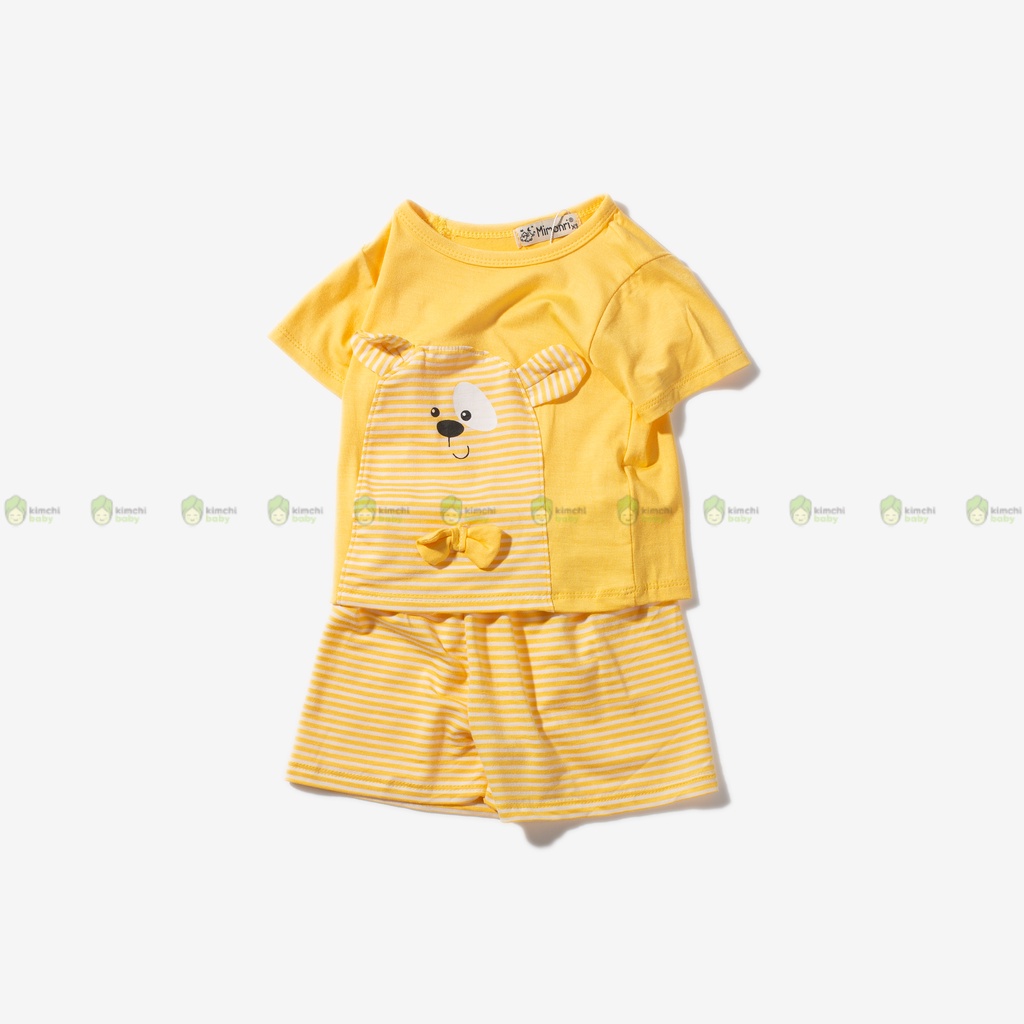 Bộ Cộc Tay Cho Bé Trai, Bé Gái KIMCHIBABY Vải Thun Lạnh Hoạ Tiết Gấu Kẻ Đính Nơ, Bộ Quần Áo Trẻ Em Mặc Nhà KW2212