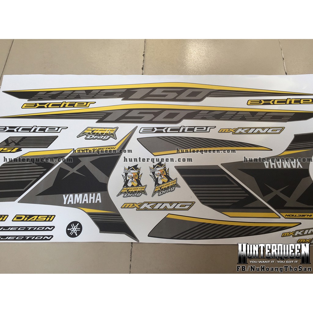 Tem Exciter 150. Tem rời MX King chỉ vàng, NHÁM, dán xe xám mặt nạ đen. Xe màu khác vui lòng inbox