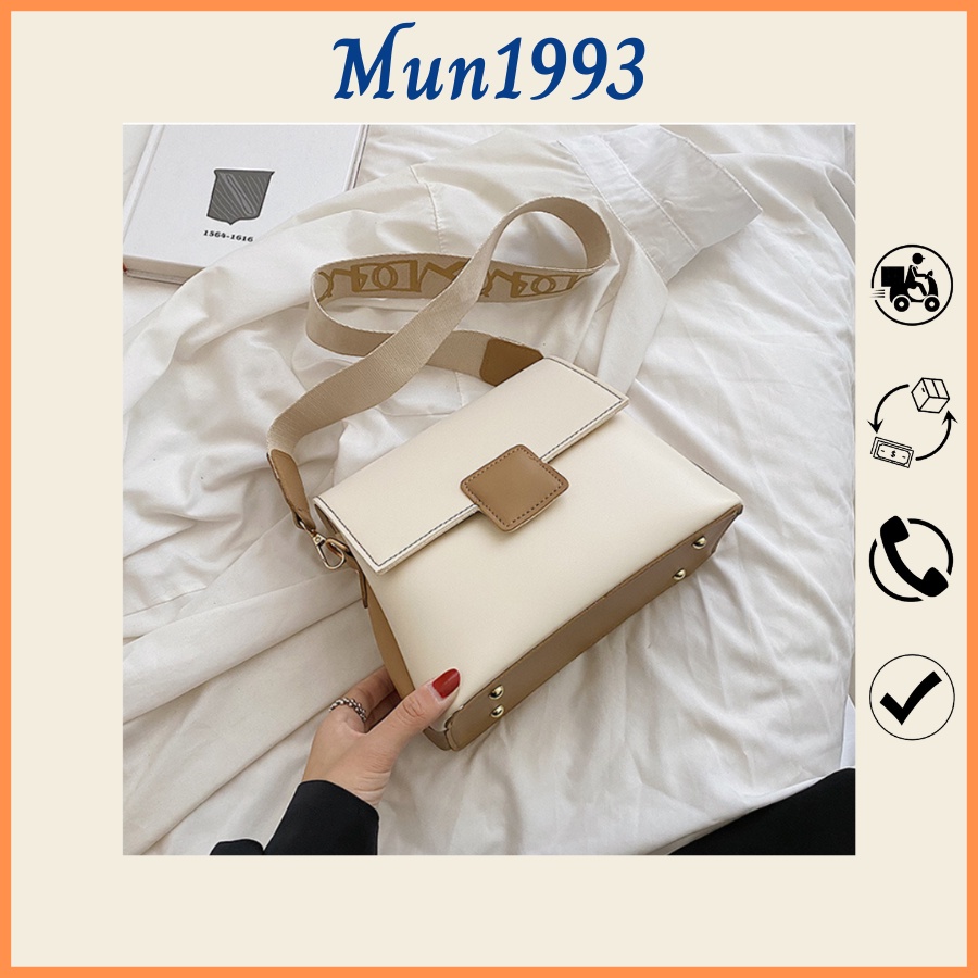 Túi xách nữ, túi đeo chéo công sở basic 3 ngăn khóa vuông dây đeo bản to Mun1993