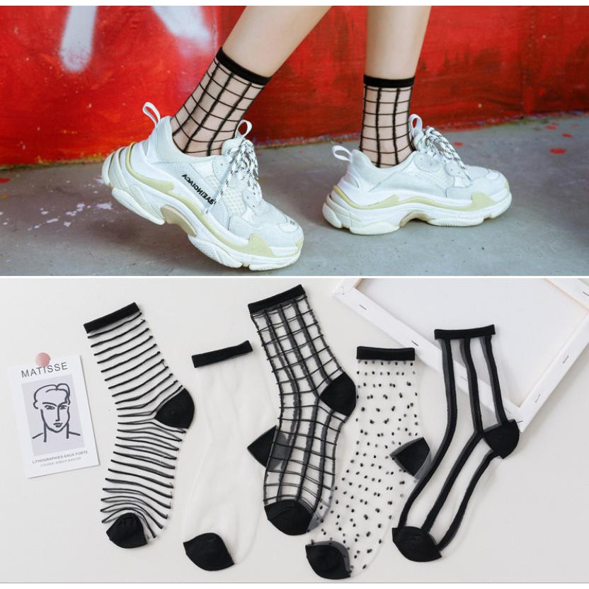 TẤT - VỚ LƯỚI TRONG SUỐT CỔ CAO UNISEX KẺ SỌC TRẮNG ĐEN CÁ TÍNH HOT TREND PHONG CÁCH HÀN QUỐC MÙA HÈ 2020