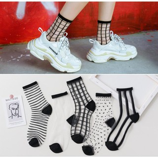 HOT HÈ 2020 TẤT - VỚ LƯỚI TRONG SUỐT CỔ CAO UNISEX KẺ SỌC TRẮNG ĐEN CÁ TÍNH HOT TREND PHONG CÁCH HÀN QUỐC