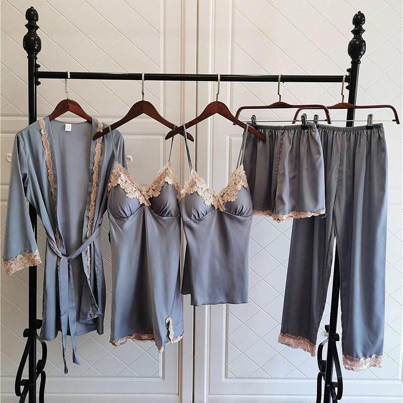 Set đồ ngủ lụa 5 món, bộ ngủ và váy ngủ kèm áo choàng siêu sang cho Nữ(Chất vải lụa mát cao cấp chuẩn hàng Shop bán) | BigBuy360 - bigbuy360.vn