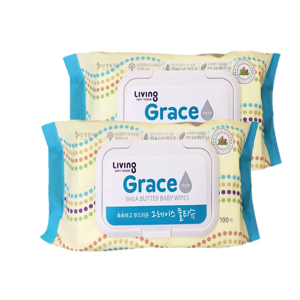 COMBO 2 túi khăn giấy ướt không mùi LIVING GRACE Hàn Quốc - túi 100 tờ không khô da tay