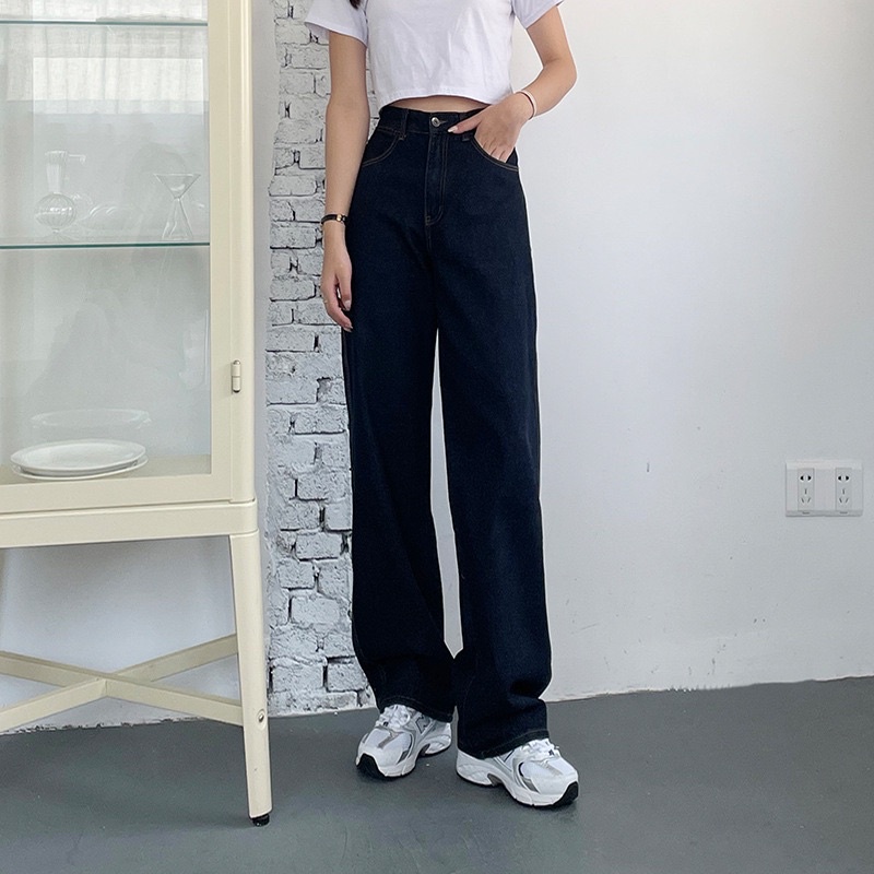 [Mã SRAPR8703 giảm 50% tối đa 20k đơn 0Đ] Quần Jean Nữ Aiori Ống Rộng Lưng Cao Trơn Màu Đen Jeans Cạp Cao_AJ3099 | BigBuy360 - bigbuy360.vn