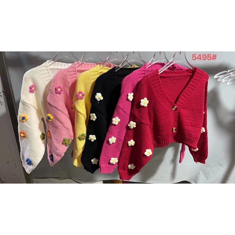 Áo khoác len cardigan croptop 2 khuy mix bông hoa tay áo