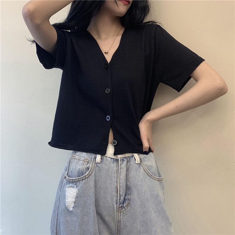 Áo thun croptop tay ngắn cổ chữ V bằng lụa lạnh phong cách 2021 cho nữ