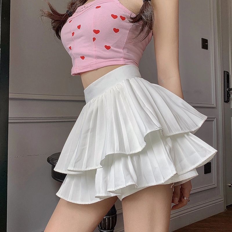 [Order] (S)Set Váy xếp ly áo croptop mặc hè màu trắng hồng. Áo croptop 2 dây tim đỏ + Chân váy xếp ly 2 tầng loại đẹp.