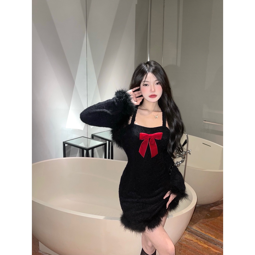 Set đầm yếm len đen dáng ôm body tôn sáng hở vai lưng nơ lông dây chéo+áo khoác tay dài bông form ngắn noel giáng sinh